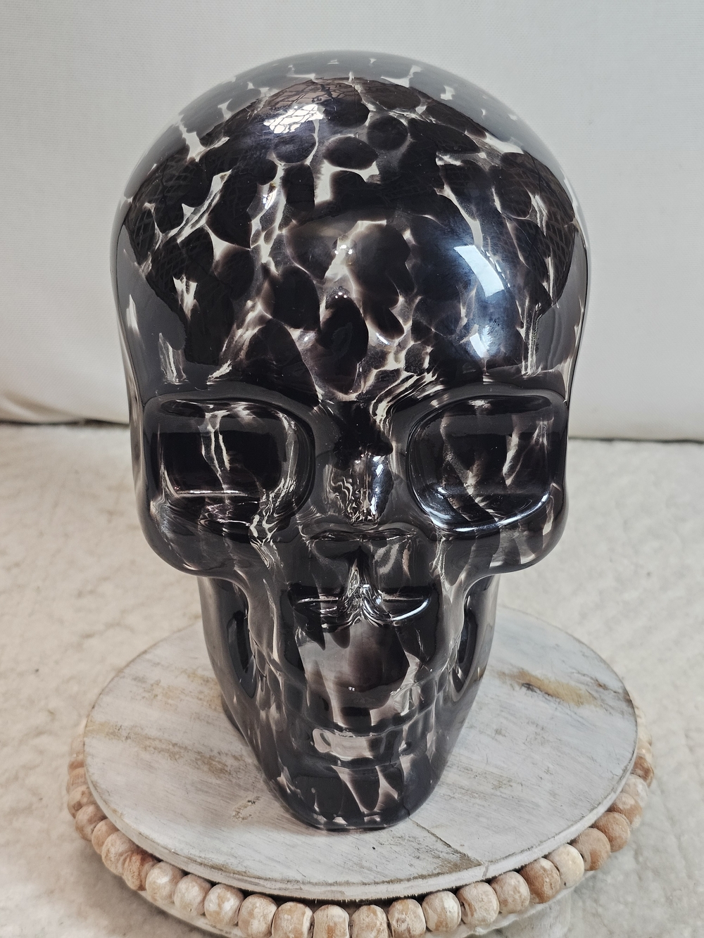 Black and White Marbled Glass Skull Sculpture - Home Art Decor